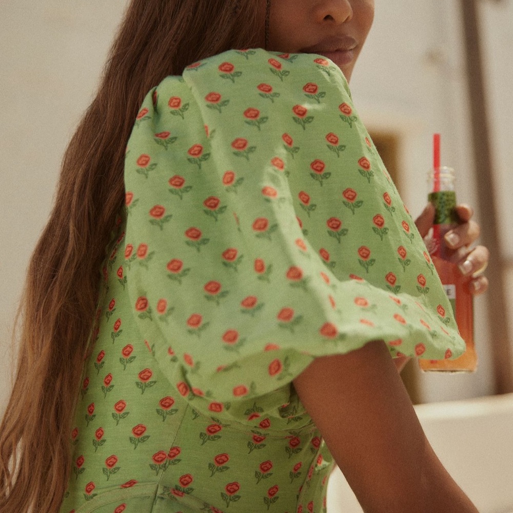 LOVAAN NWT Adeline Mini Puff Sleeve Linen Silk Dress in Green Rosette Size 10 - Picture 5 of 11
